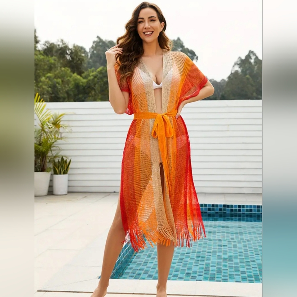 Crochet open front ombre beach coverup